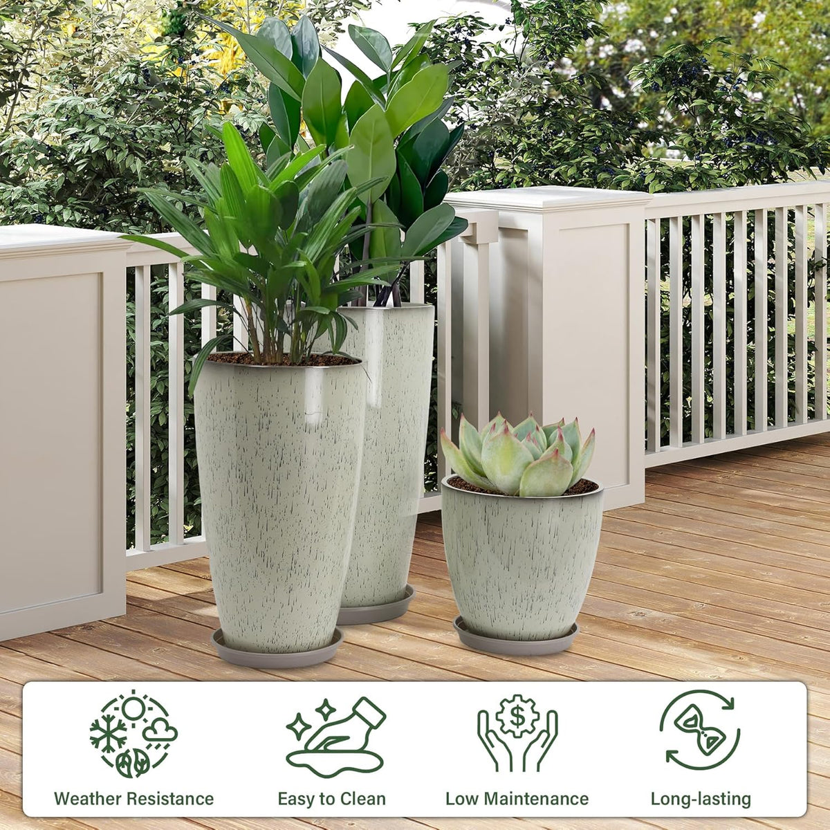 24/21/12 Inch Large Plastic Planter, Lightweight Ceramic-Look Large Flower Pots with Drain Hole &