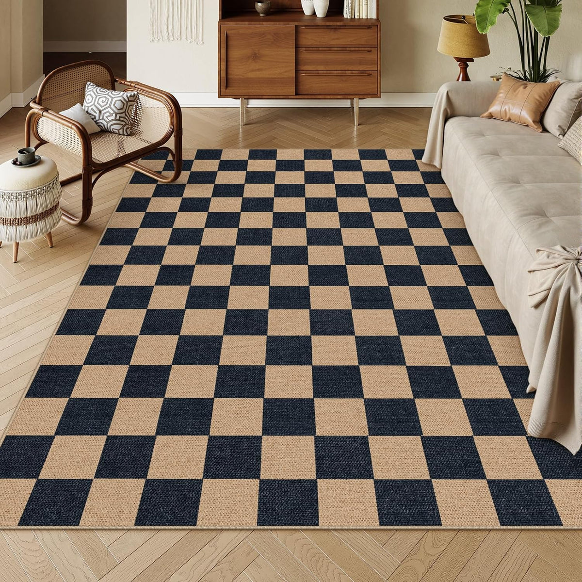 Lahome Checkered Easy Jute Carpet, Washable Area Rug 6x9 Neutral Outdoor Patio Rug, Farmhouse