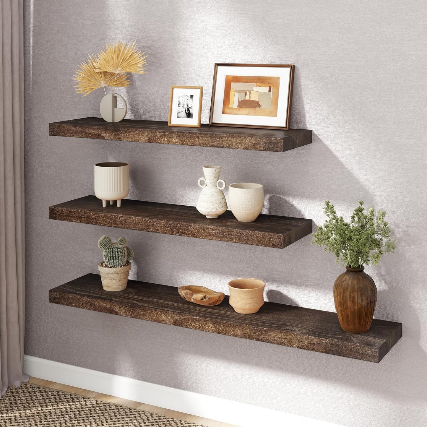 RICHFOCUS Elm Floating Shelves for Wall - 36" W x 9.3" D Rustic Solid Wood Shelves with Invisible