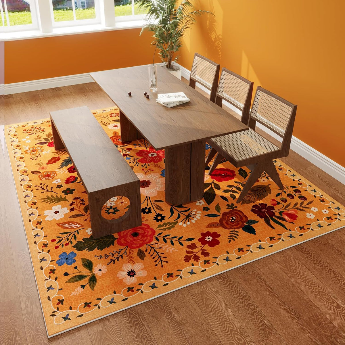 Living Room Rug 6x9 Rug Machine Washable Boho Area Rug Non Slip Floral Vintage Low Pile Large Rug