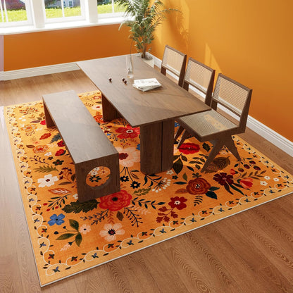 Living Room Rug 6x9 Rug Machine Washable Boho Area Rug Non Slip Floral Vintage Low Pile Large Rug