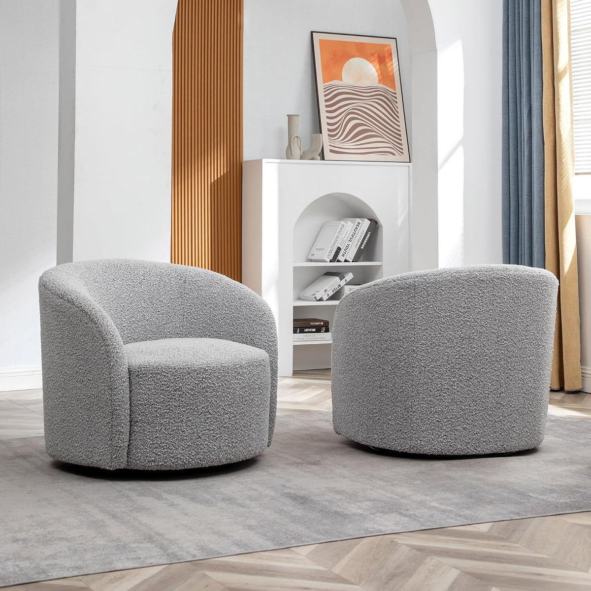 KINWELL 34" W Swivel Barrel Chair Set of 2, Mid Century Modern Round Upholstered Boucle Swivel