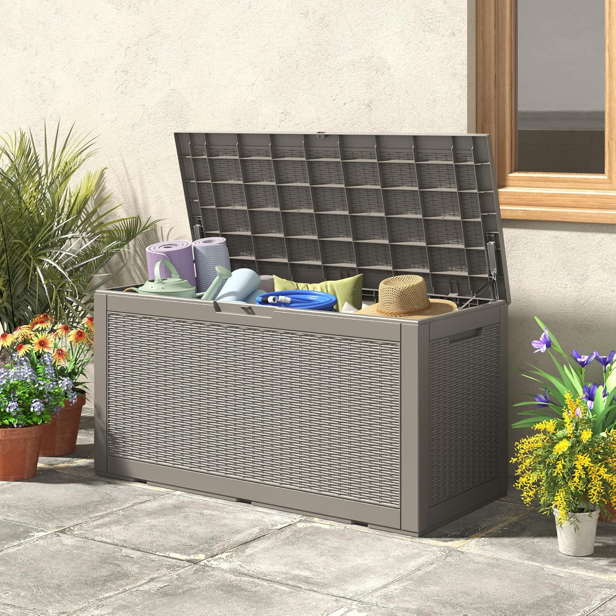 NUNU LAB 102 Gallon Large Waterproof Resin Deck Box, Lockable Outdoor Storage Box with Gas Lift