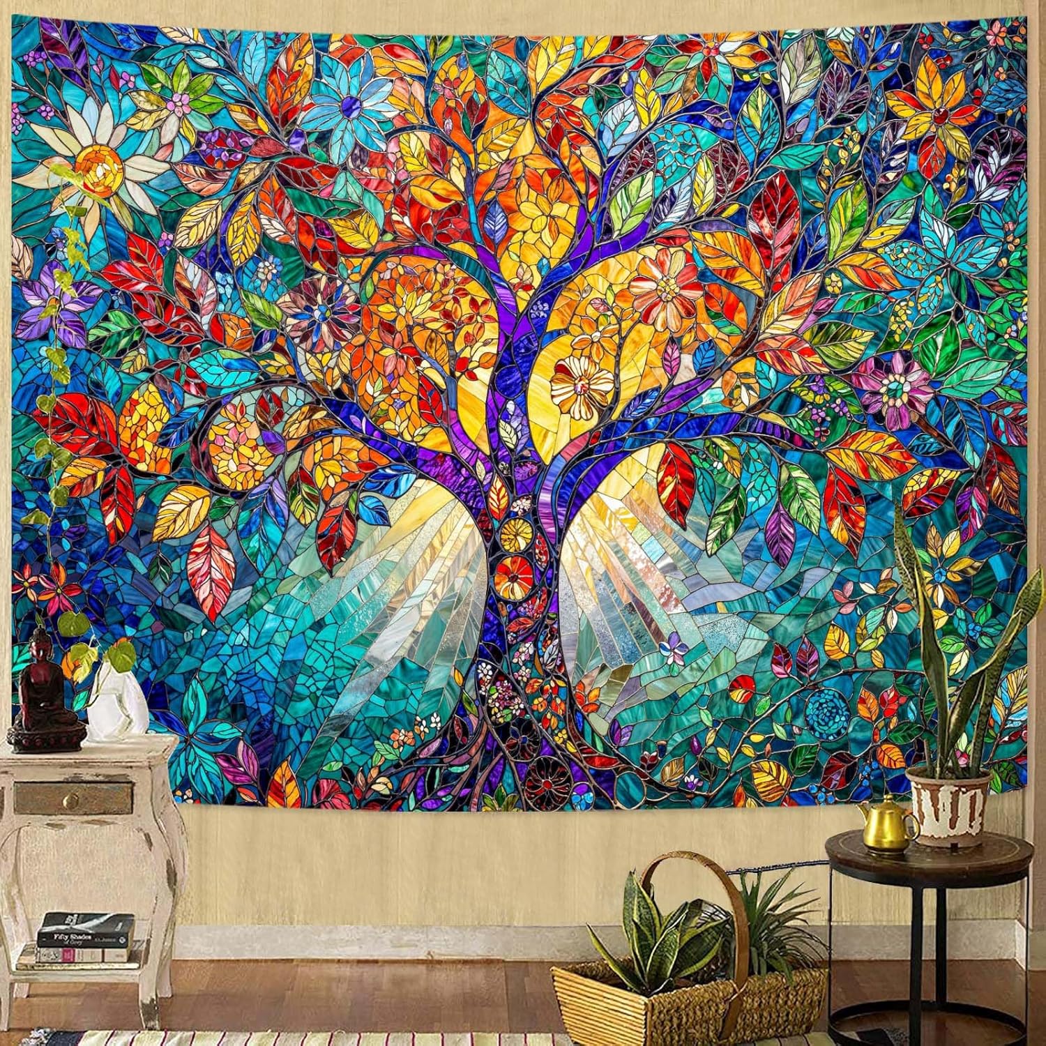 Lunerfex Tree of Life Tapestry Stained Glass Tapestry Wall Decor Tapestries for Bedroom Art