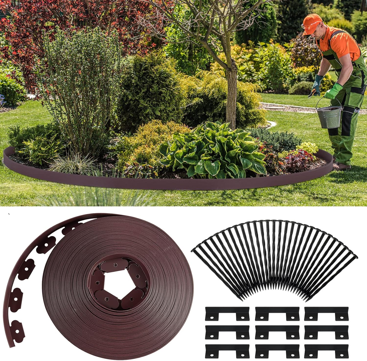 Queekay Landscape Edging Kit 148 ft with 70 Spikes 20 Connectors Plastic Border for Garden, Lawn