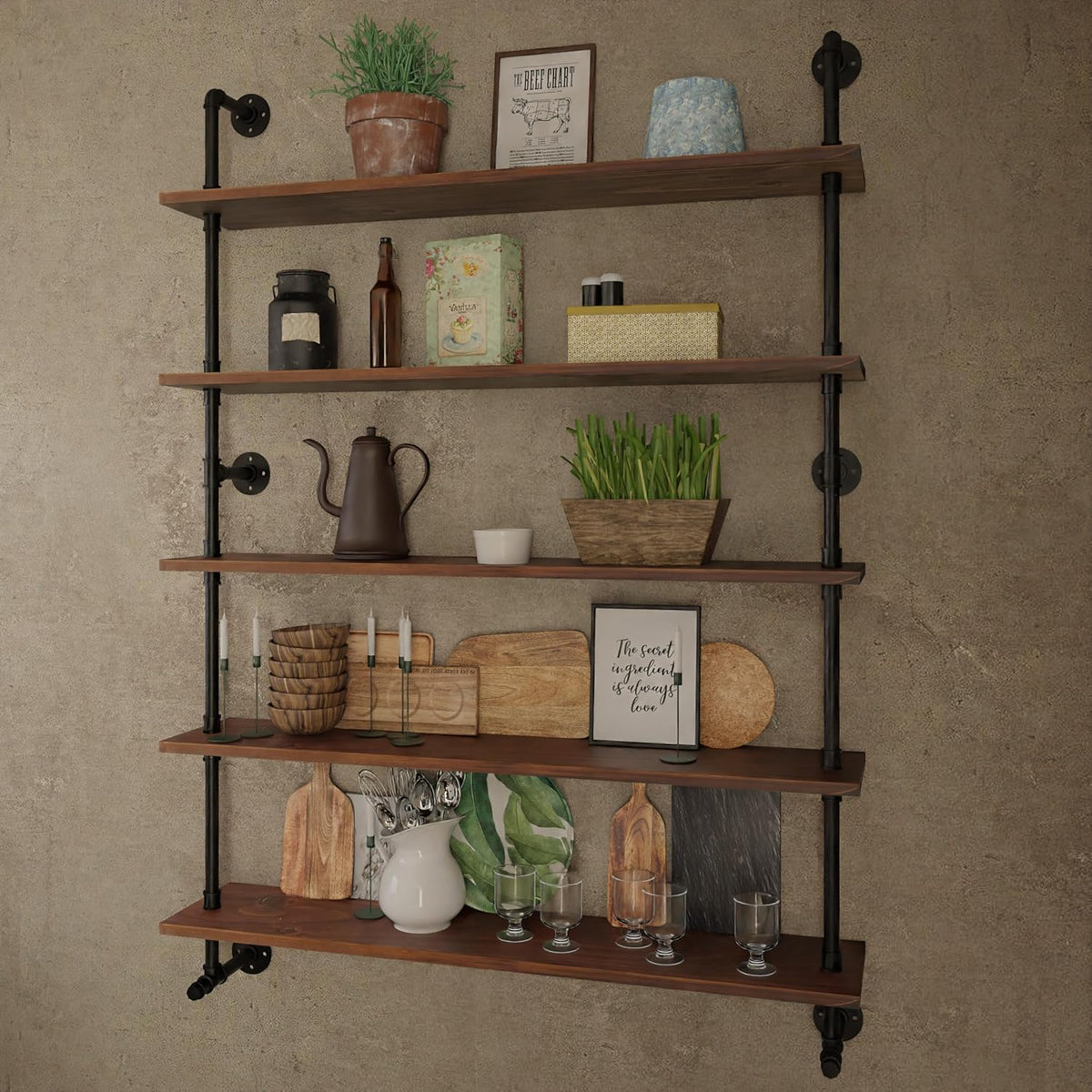 Industrial Pipe Wall Shelves Pipe Shelving with Real Wood Plank ,48 Inches Floating Shelves for