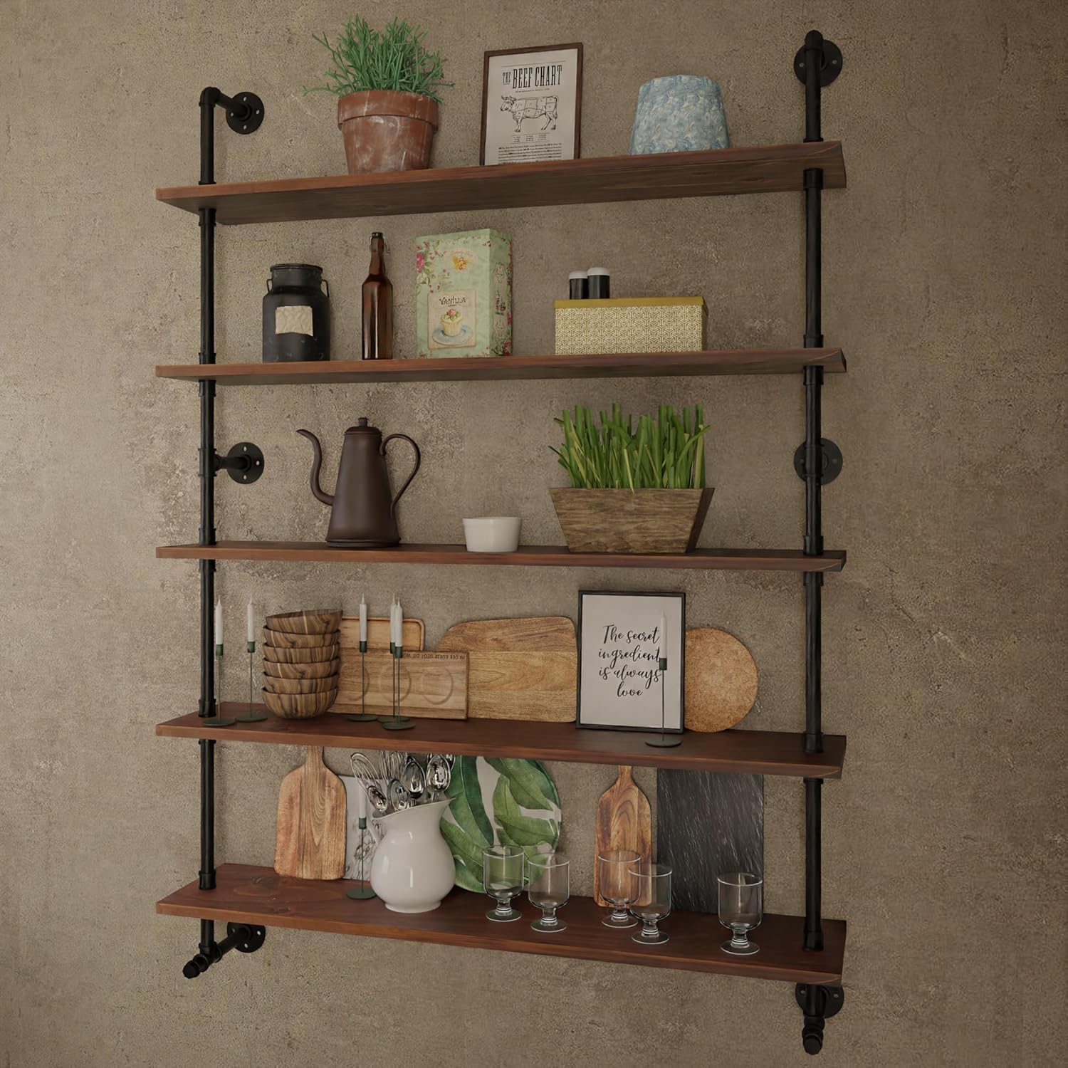 Industrial Pipe Wall Shelves Pipe Shelving with Real Wood Plank ,48 Inches Floating Shelves for