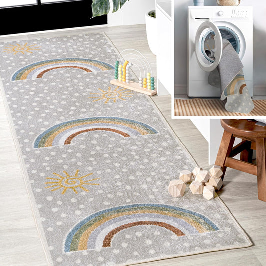 JONATHAN Y Machine-Washable Gray/Ivory/Yellow Runner Rug, 2x8, Minha Rainbow Dots, Kids & Novelty