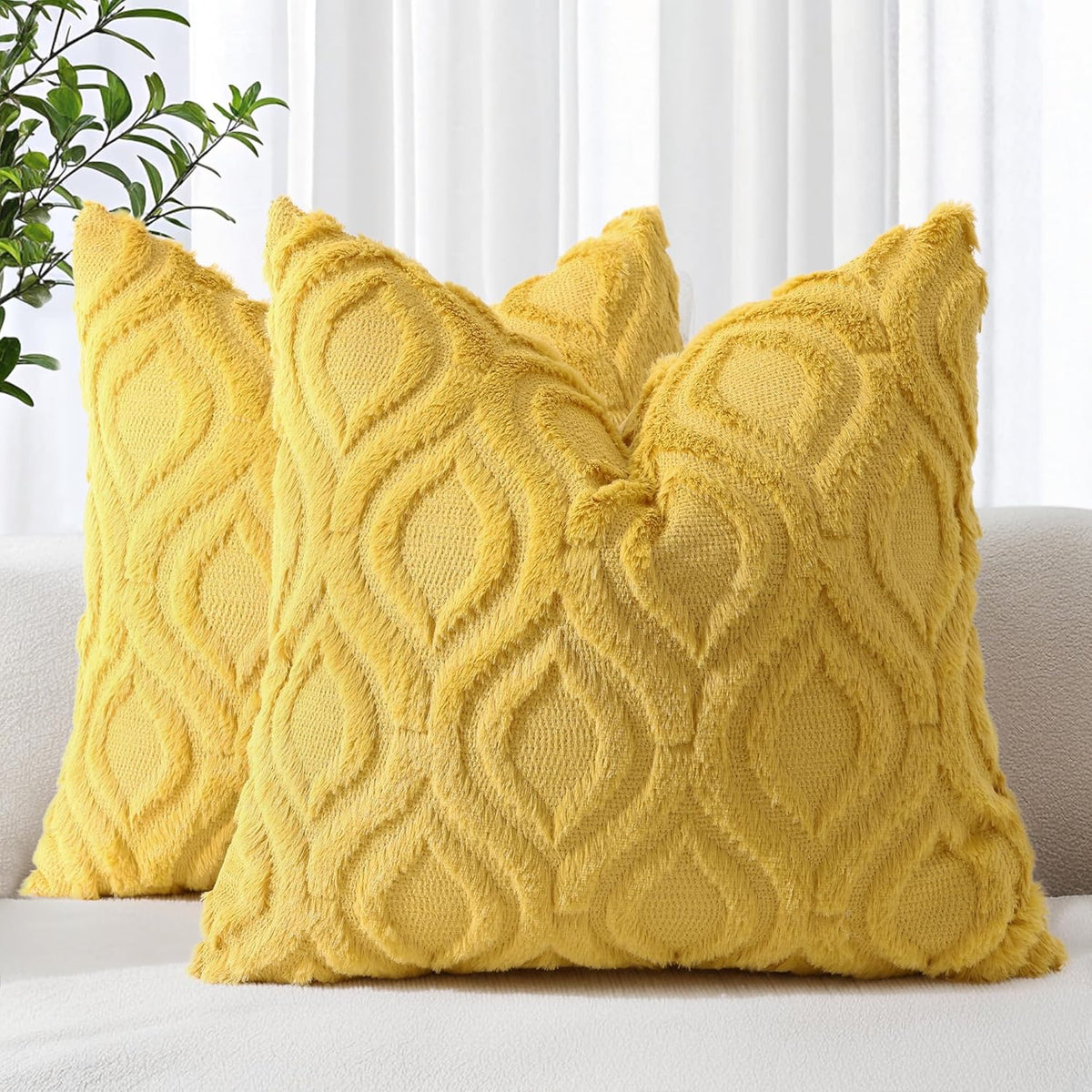 decorUhome Throw Pillow Covers 20x20 Inch Set of 2, Soft Plush Decorative Faux Fur Mustard Yellow