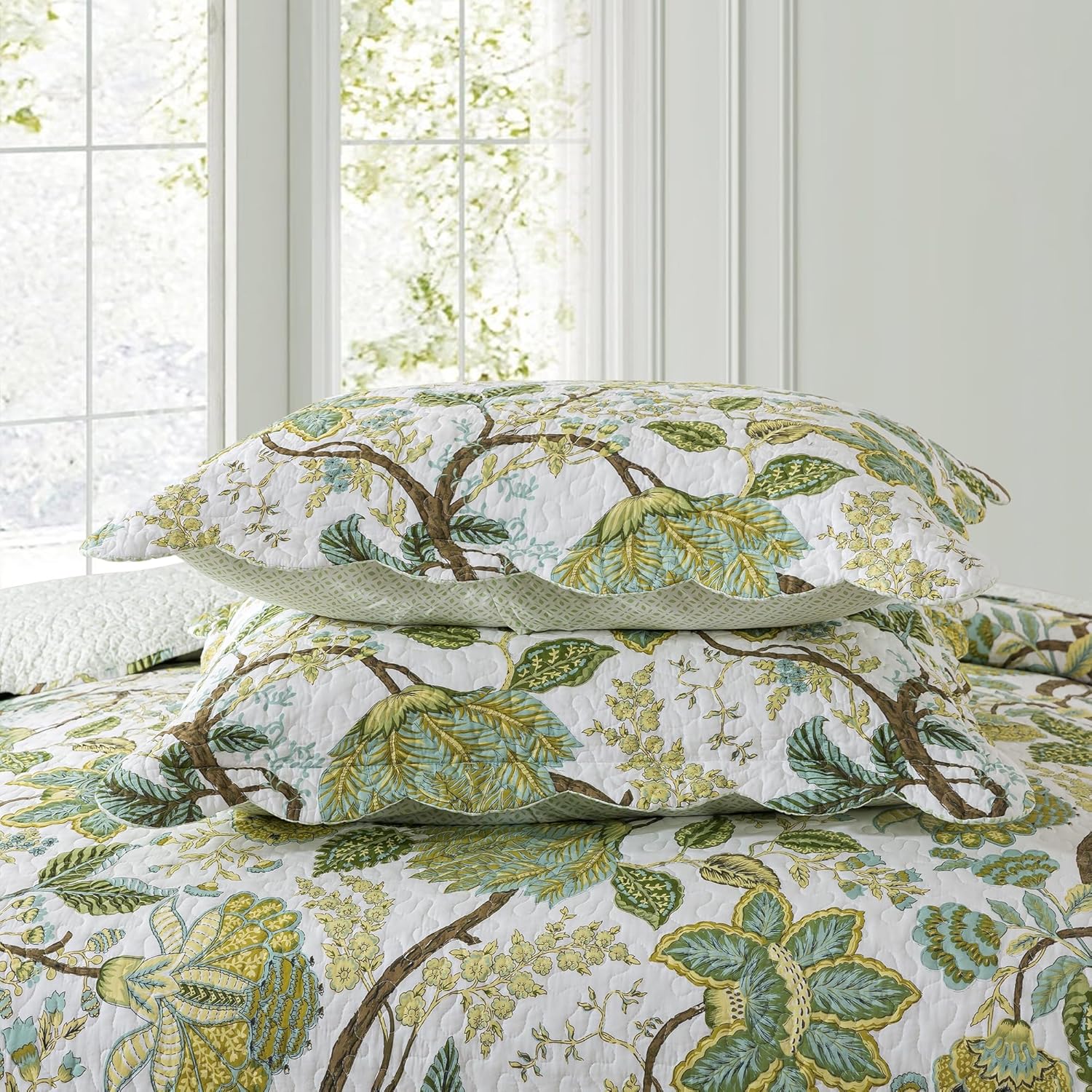 NEWLAKE Cotton Bedspread Quilt Sets - Reversible Patchwork Coverlet Set, Floral Vine Pattern, Queen