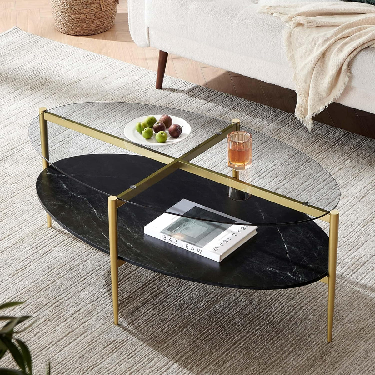 Oval Glass Coffee Table, Mid-Century Modern Design, L43 x W22 x H17 inch, Surfboard Shaped Grey
