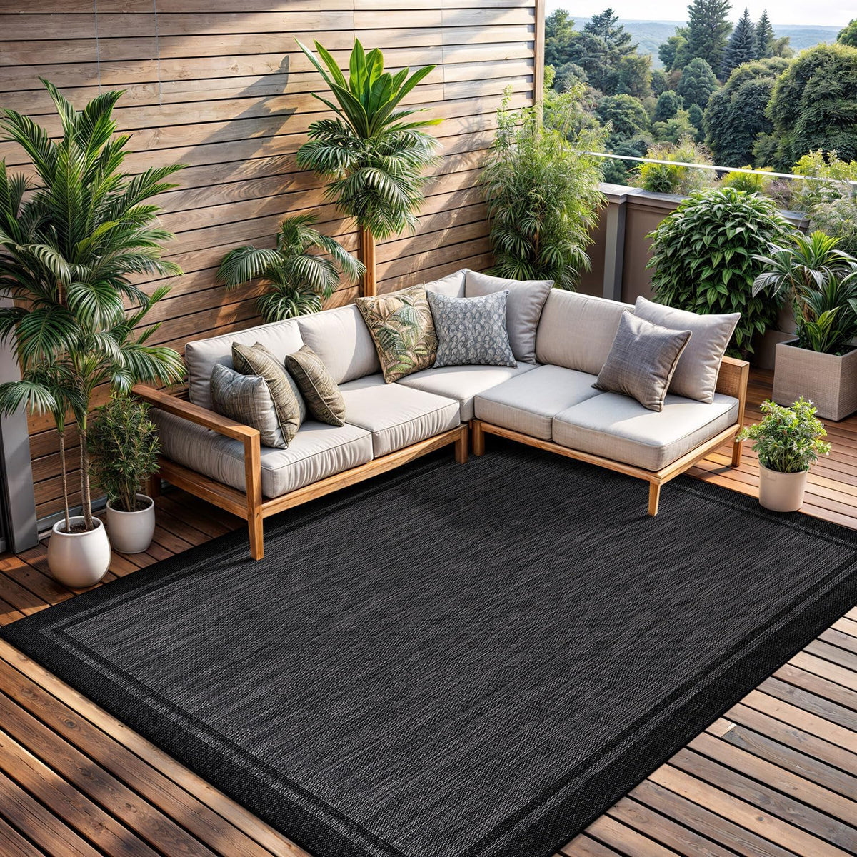 CAMILSON Indoor Outdoor Rug, 8x10 Bordered Dark Gray Black Modern Area Rugs for Indoor and Outdoor