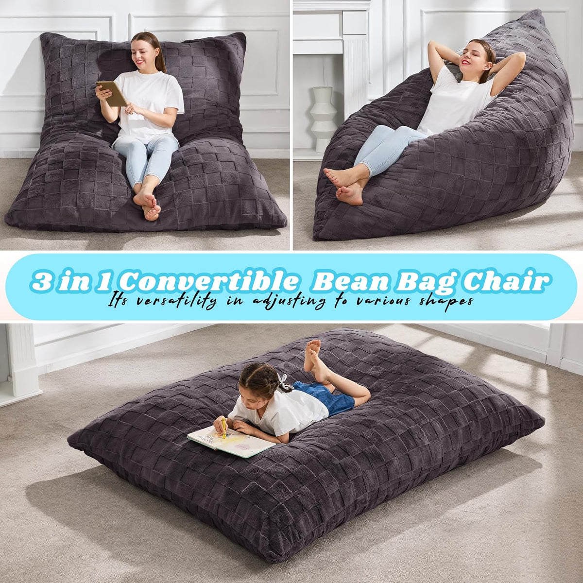 Hobestluk 3 in 1 Bean Bag Chair Giant Bean Bag Chairs for Adults with Plaid Cover Convertible Bean