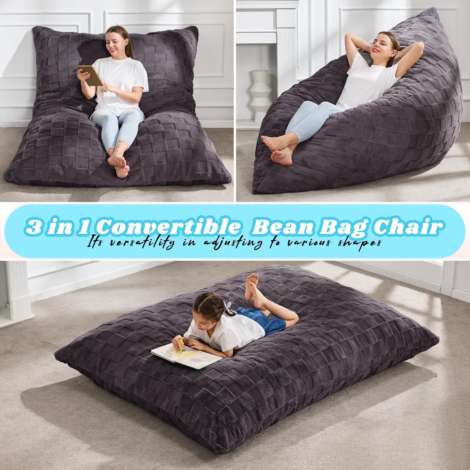Hobestluk 3 in 1 Bean Bag Chair Giant Bean Bag Chairs for Adults with Plaid Cover Convertible Bean