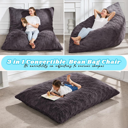 Hobestluk 3 in 1 Bean Bag Chair Giant Bean Bag Chairs for Adults with Plaid Cover Convertible Bean