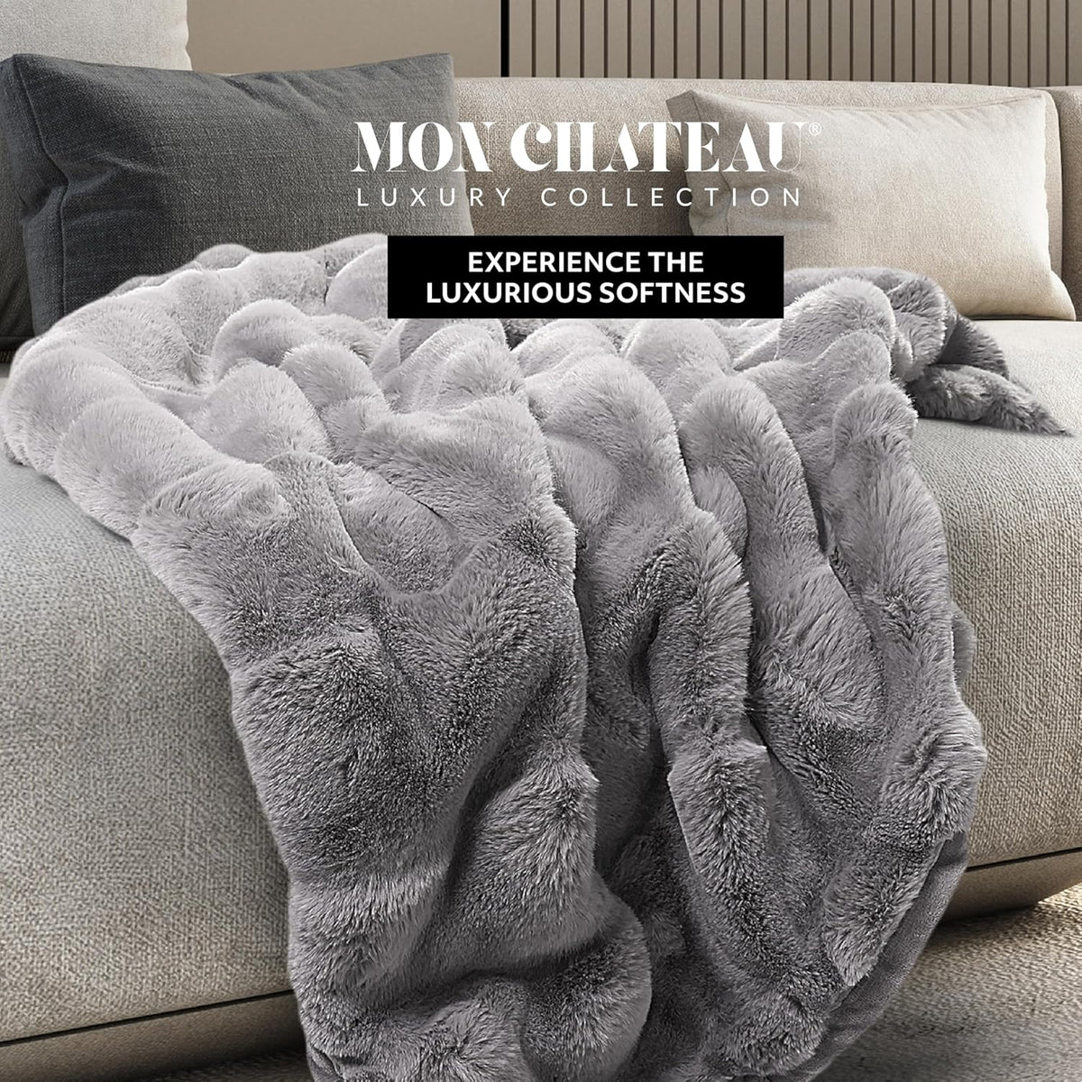 Mon Chateau 60" x 70" Faux Fur Throw Blanket - Reversible Soft Blanket for Queen-Size Bed, Couch