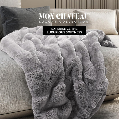 Mon Chateau 60" x 70" Faux Fur Throw Blanket - Reversible Soft Blanket for Queen-Size Bed, Couch