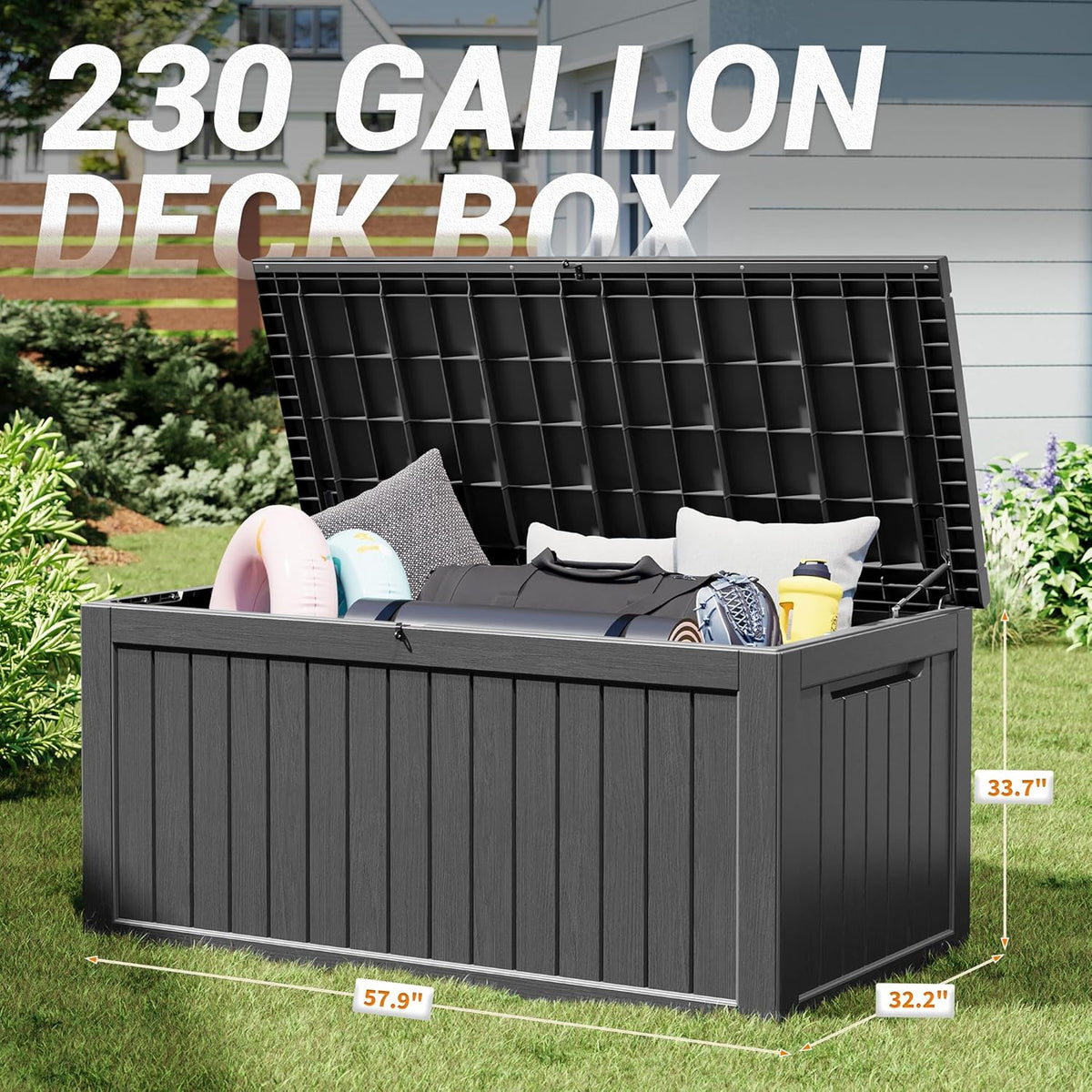 NUNU LAB 230 Gallon Large Resin Deck Box, Waterproof Outdoor Storage Box, Lockable Storage Bin for