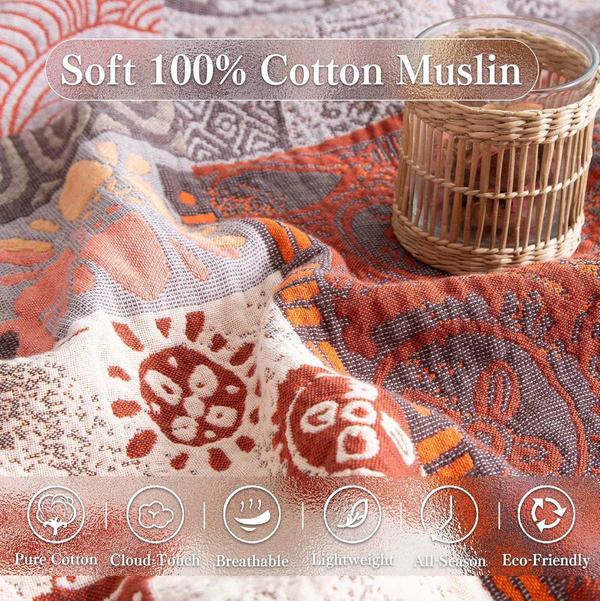 Boho Throw Blanket Full Size, Extra Large Soft Cozy Cotton Muslin Quilt Blanket for Bed Decor