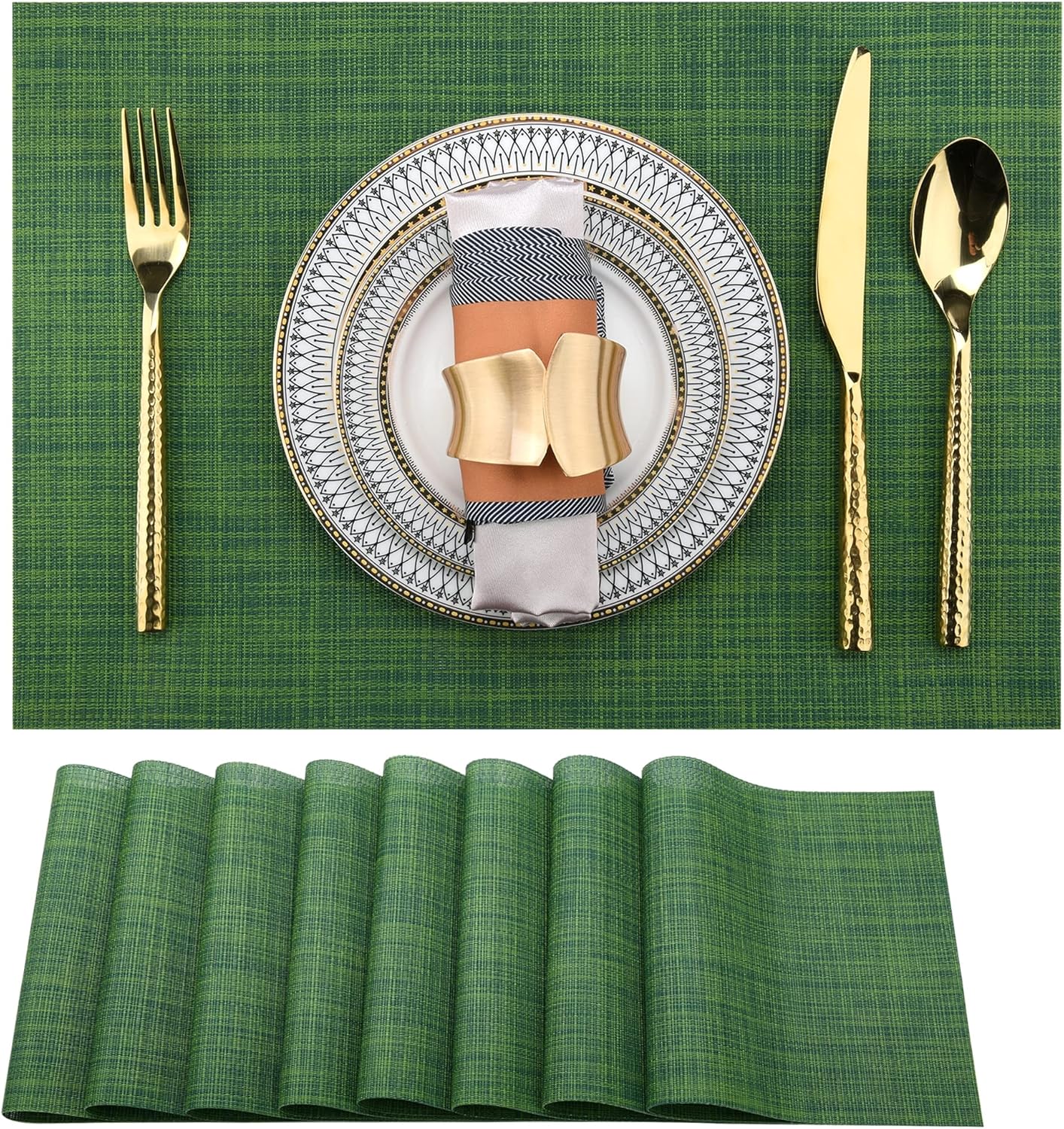 Green Placemats Set of 8 - Wipe Clean Vinyl Placemats - Washable Heat Resistant PVC Placemats for