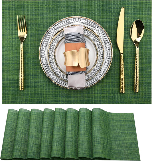 Green Placemats Set of 8 - Wipe Clean Vinyl Placemats - Washable Heat Resistant PVC Placemats for
