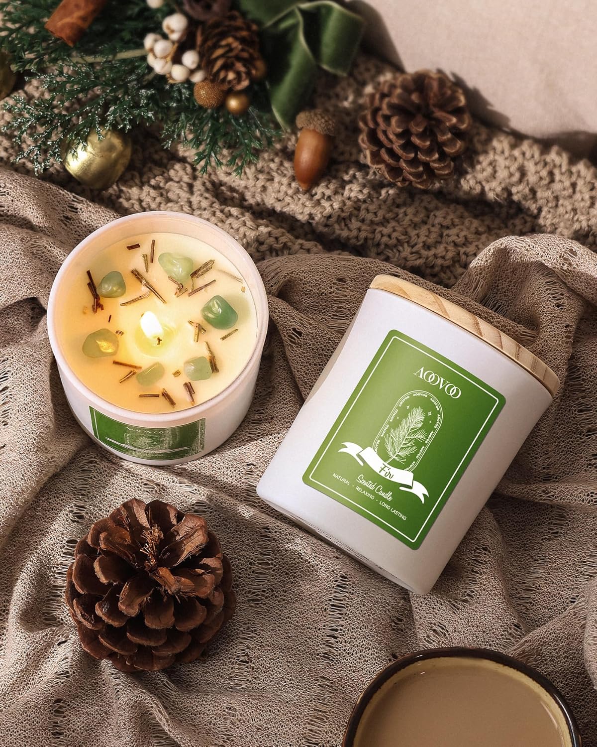 AOOVOO Fir Scented Candles for Women - Aromatherapy Candle with Crystals Inside, 10oz Soy Candles