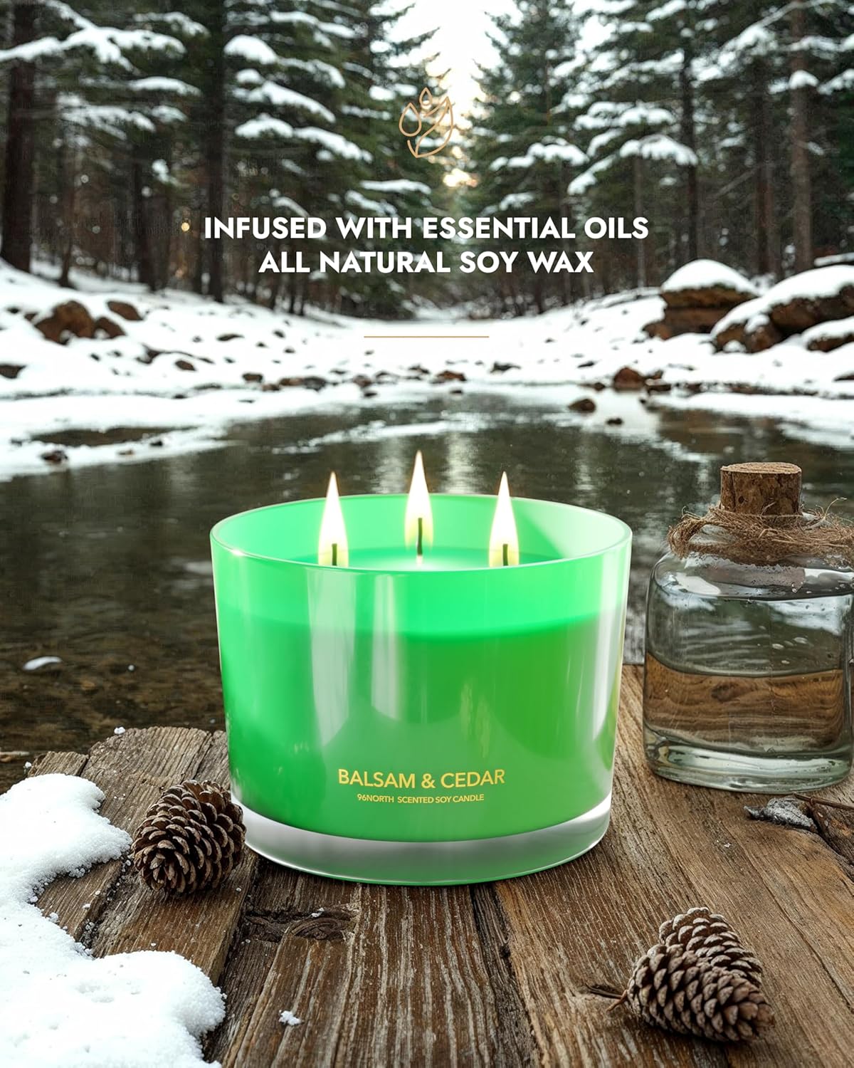 96NORTH Luxury Candle Balsam & Cedar Scented | Large 3-Wick Jar Candle | Up to 40 Hours Burning
