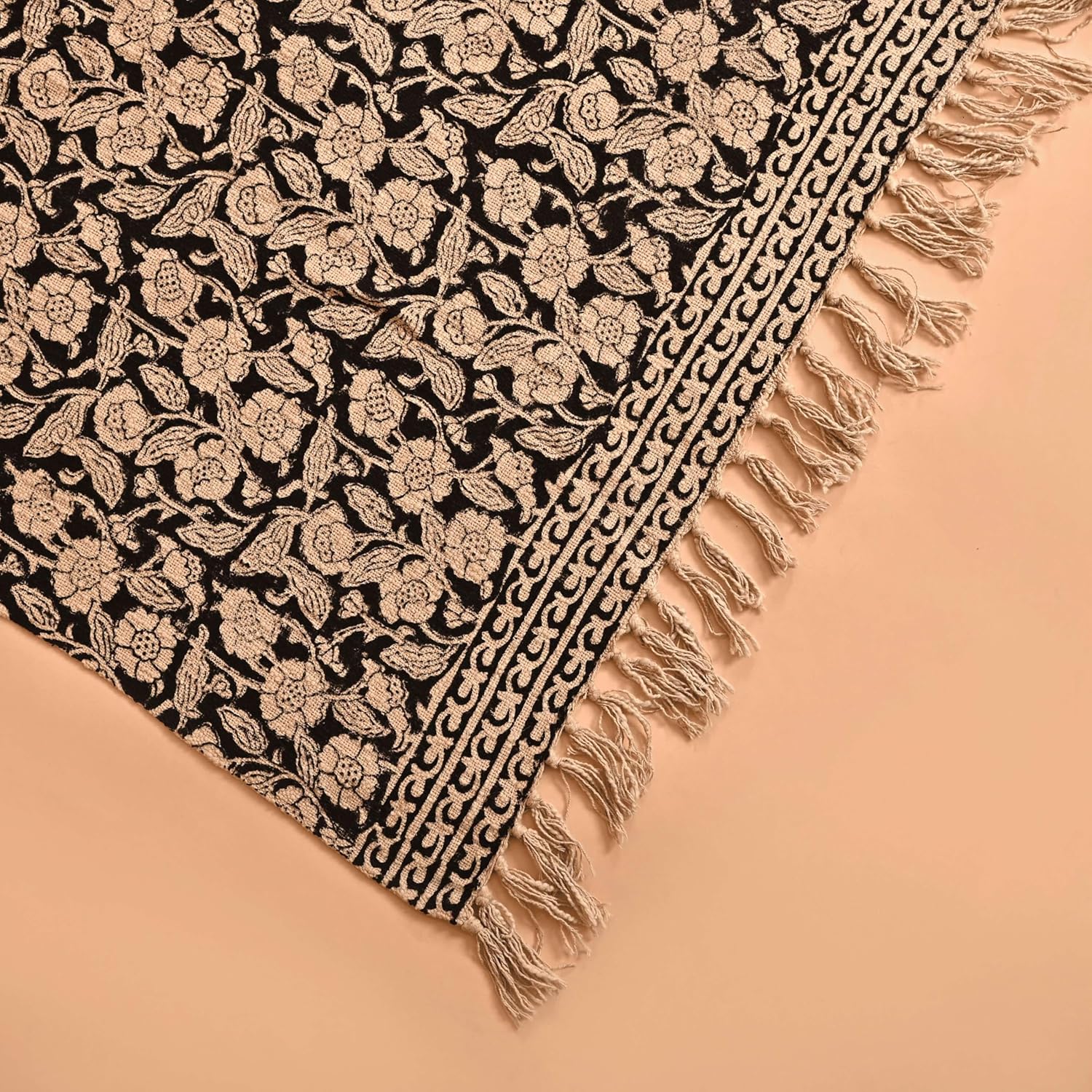 Handmade Cotton Throw Blanket 55x80 Inches | Black & Beige Floral Block Print Decorative Sofa Throw