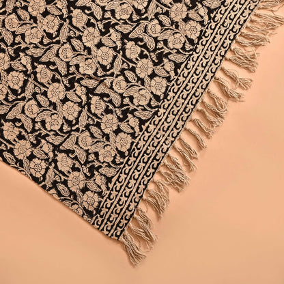 Handmade Cotton Throw Blanket 55x80 Inches | Black & Beige Floral Block Print Decorative Sofa Throw