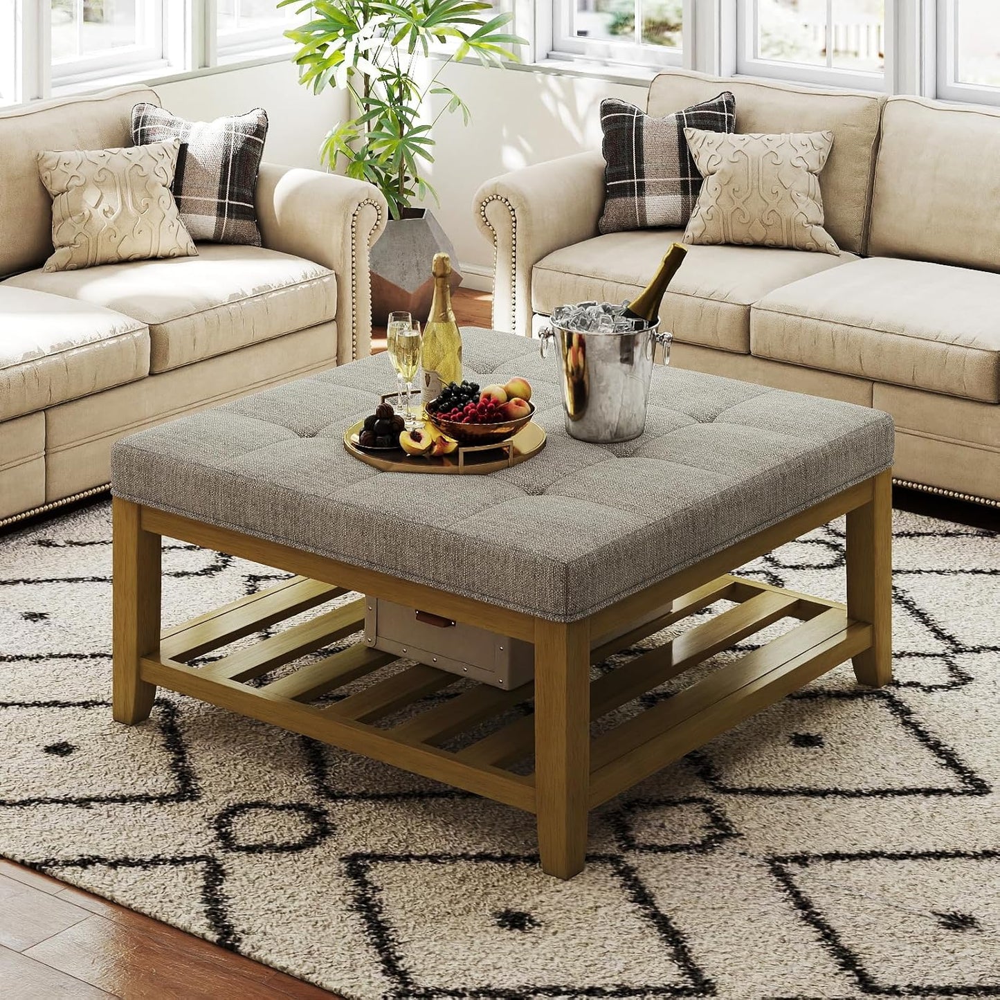 Large Square Ottoman Coffee Table, Linen Solid Upholstered Footrest Ottoman with Solid Wood Shelf