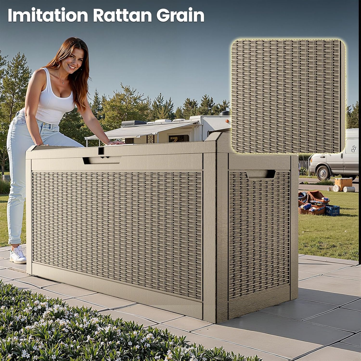 60 Gallon Outdoor Storage Box - Waterproof Resin Rattan Deck Bin for Indoor & Outdoor Use