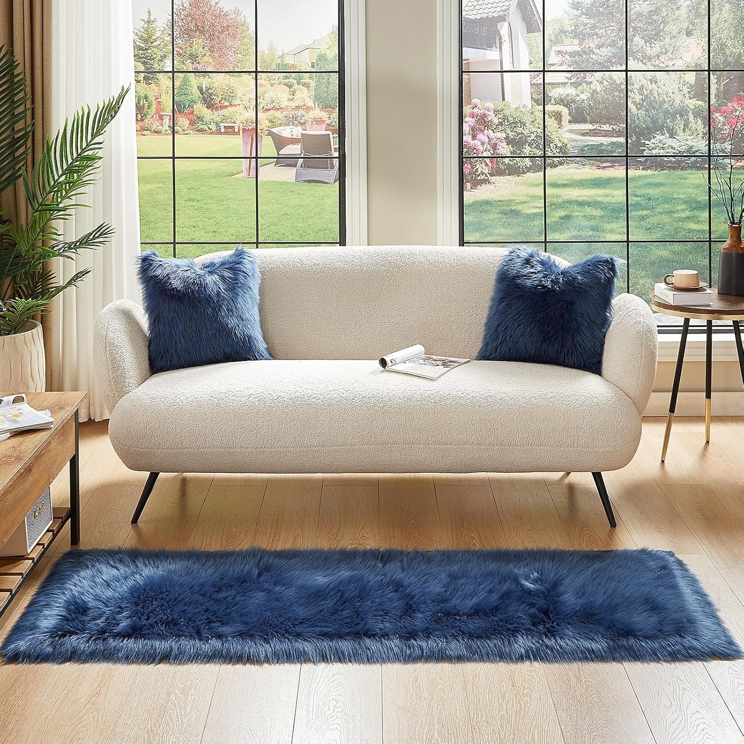 AMTOVO Faux Fur Rug, Dark Blue Ultra Soft Fluffy Shag Sheepskin Rug, 2 x 6 ft Runner Area Rugs for