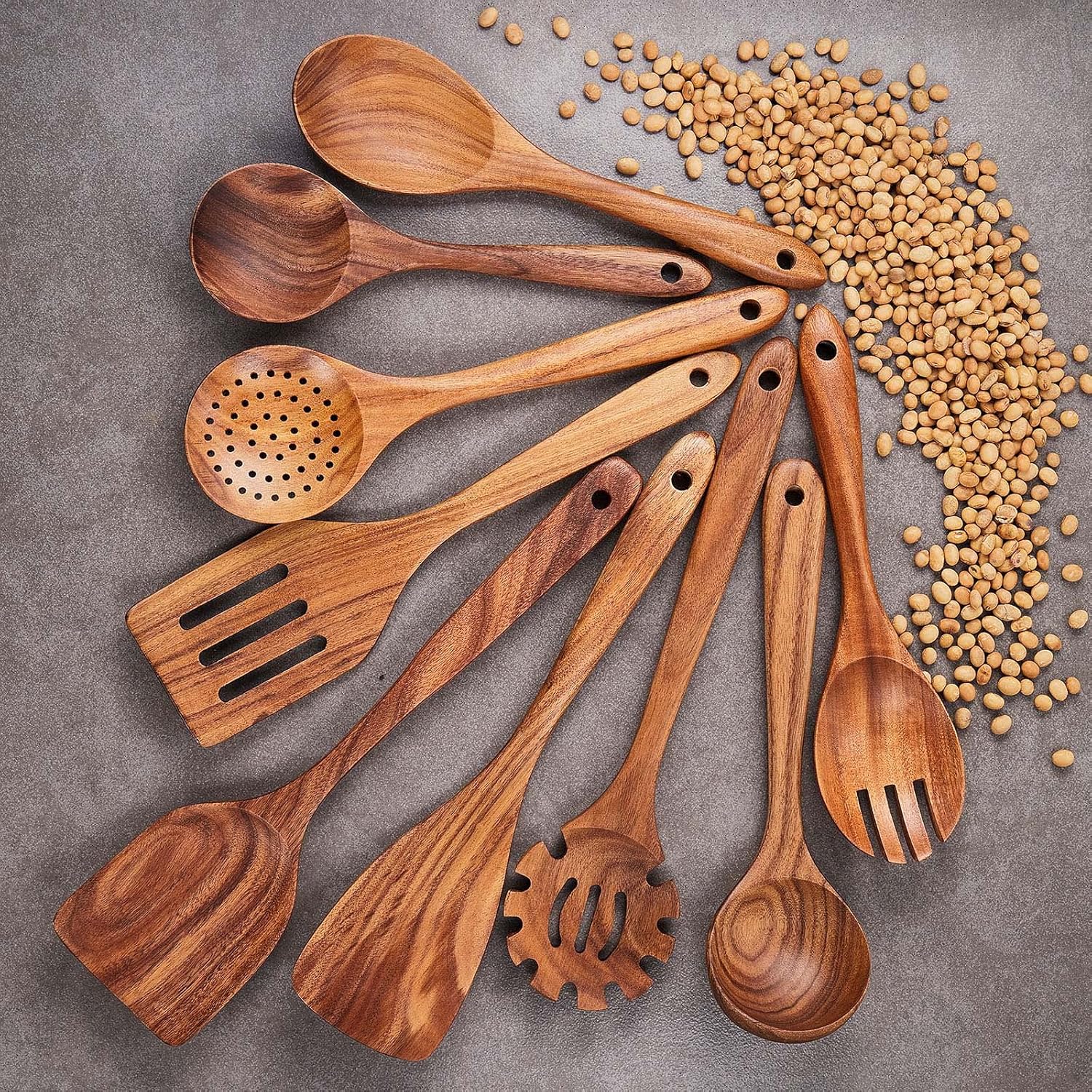 Wooden Kitchen Utensils Set,GUDAMAYE 9 PCE Natural Teak Wooden Spoons For Non-stick Pan for Cooking,