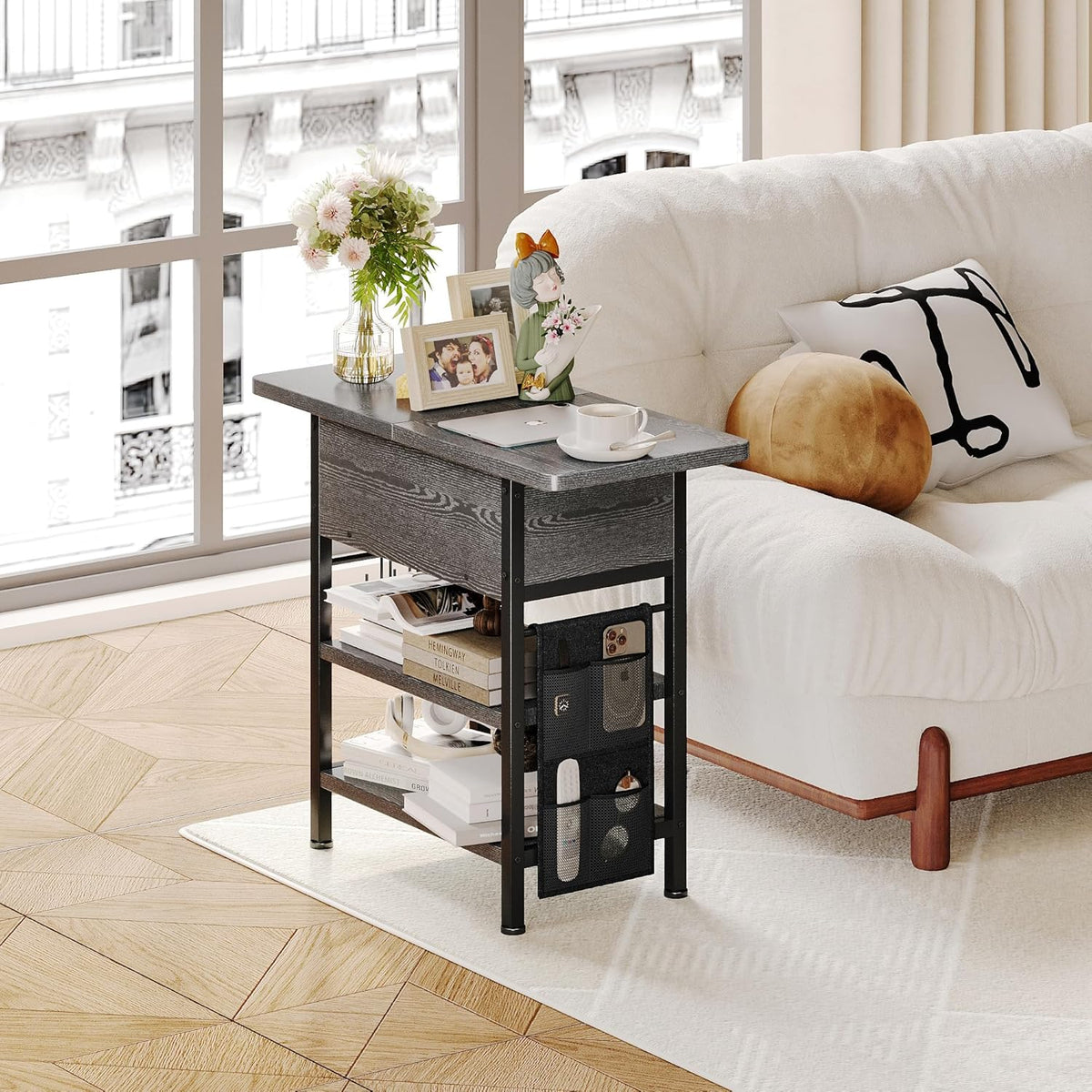 End Table with Charging Station, Flip Top Nightstand with USB Ports and Outlets,Couch Side Table