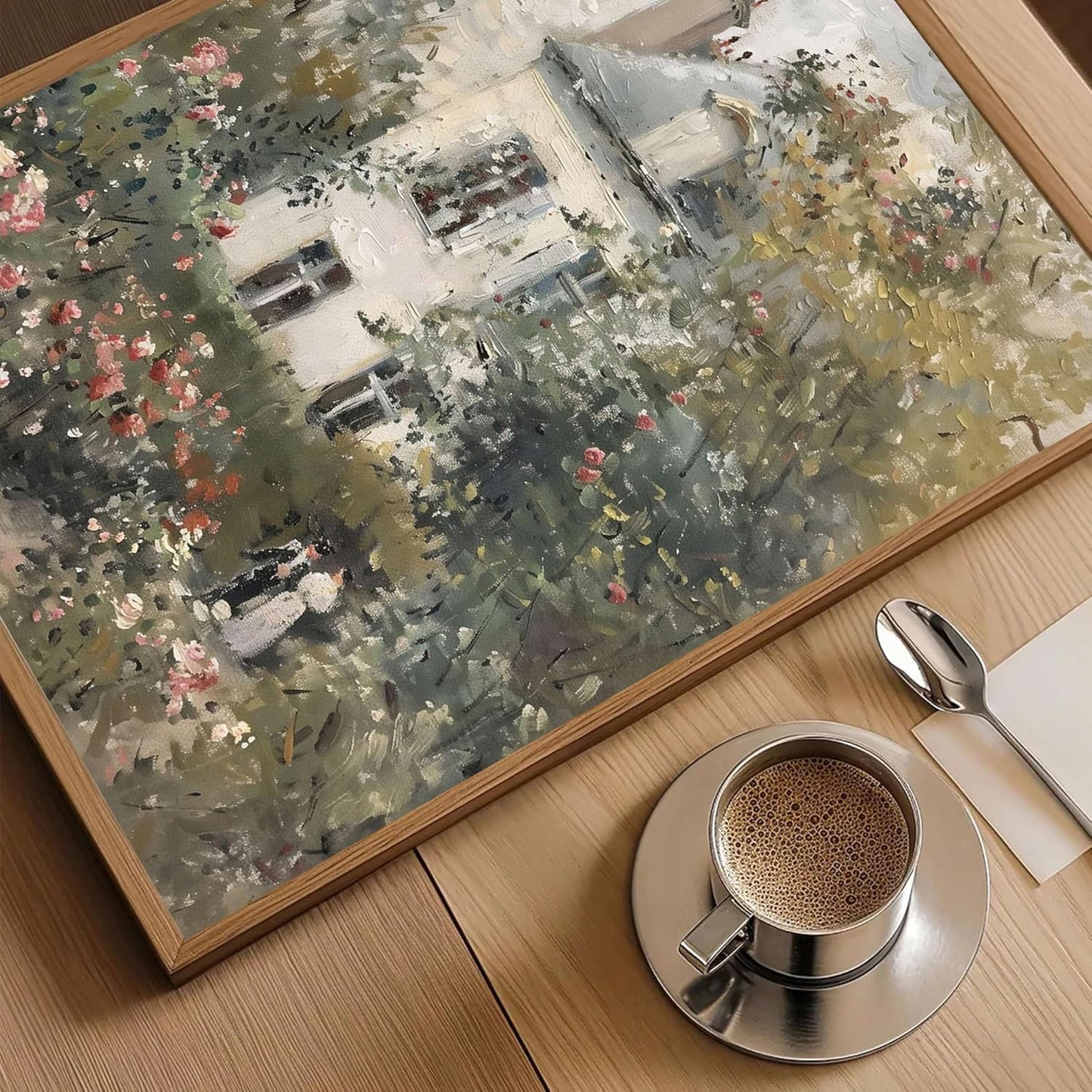 Floating Framed Canvas Vintage Wall Art, Neutral English Cottage Rose Garden Oil Paintings Print