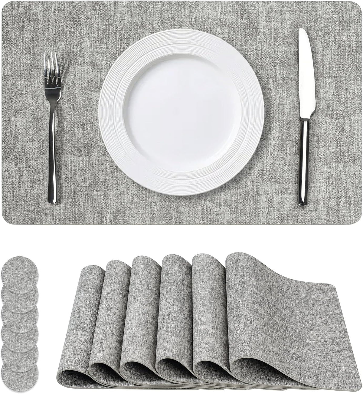 Vinyl Placemats Set of 6, Faux Leather Waterproof and Heat Resistant Place Mats, Washable Anti-Slip