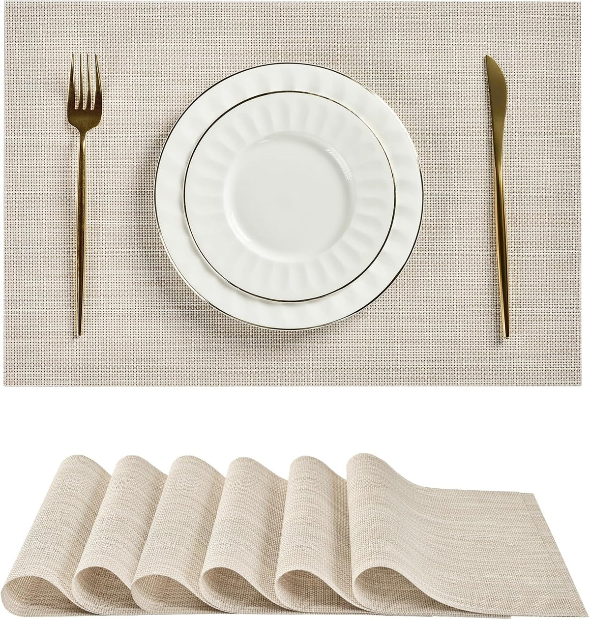 Leetaltree Beige White Placemats Set of 6 - Heat Resistant Non-Slip Place mats for Dining Table