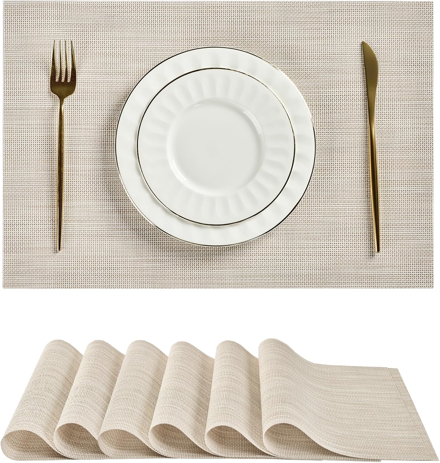 Leetaltree Beige White Placemats Set of 6 - Heat Resistant Non-Slip Place mats for Dining Table