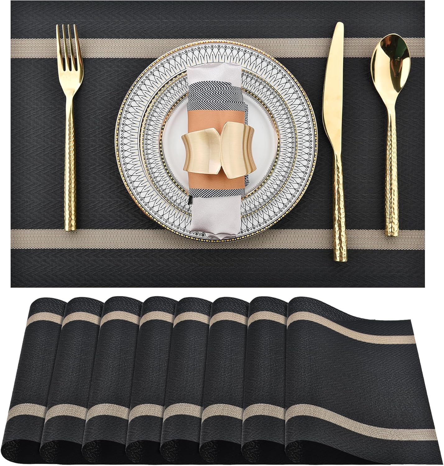 Black Placemats Set of 8 - Easy Clean Modern Durable Washable Vinyl Place Mats - Heat Resistant
