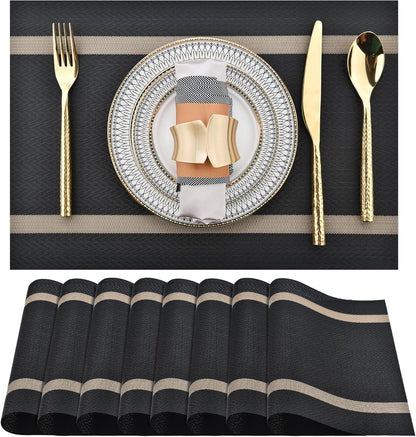 Black Placemats Set of 8 - Easy Clean Modern Durable Washable Vinyl Place Mats - Heat Resistant
