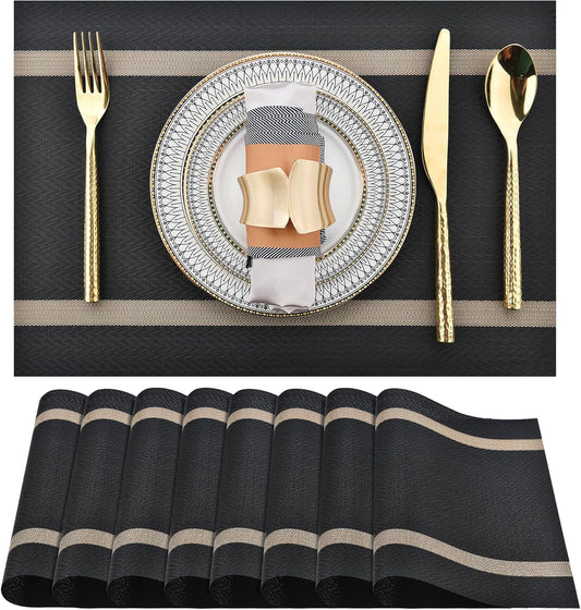 Black Placemats Set of 8 - Easy Clean Modern Durable Washable Vinyl Place Mats - Heat Resistant