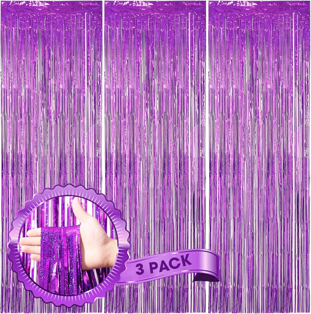 3 Pack 3.3 x 8.2 ft Laser Purple Foil Fringe Backdrop Curtains, Tinsel Streamers Birthday Party