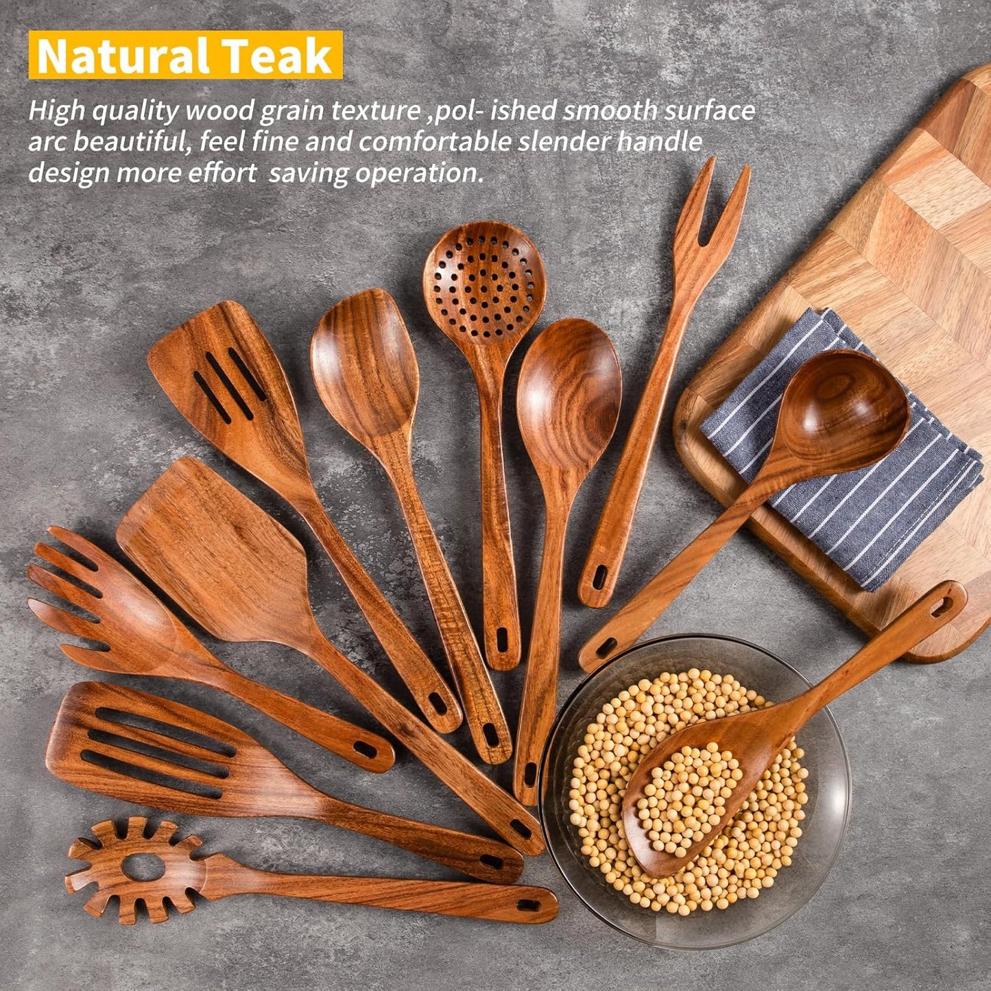 GUDAMAYE 11 PCE Wooden Spoons for Cooking, Wooden Kitchen Utensils Set,Wooden Cooking