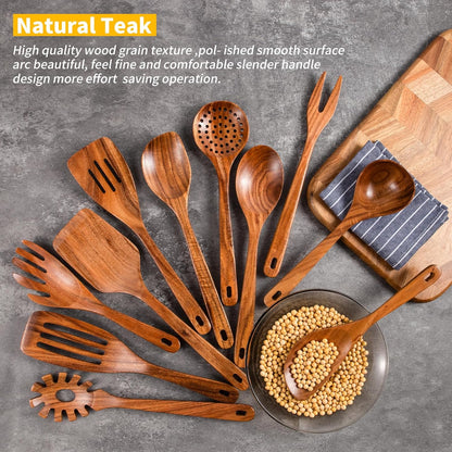 GUDAMAYE 11 PCE Wooden Spoons for Cooking, Wooden Kitchen Utensils Set,Wooden Cooking