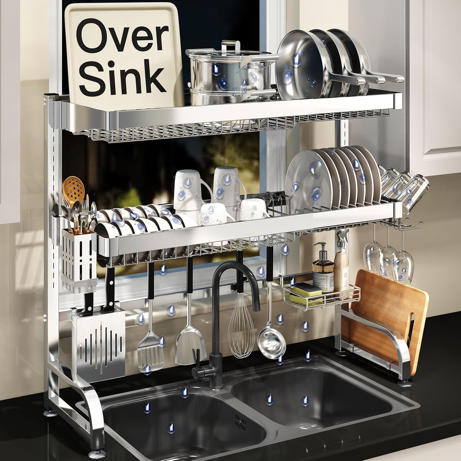 3 Tier Extra Large Stainless Steel Expandable Over The Sink Dish Drainer Drying Rack, Rust Proof