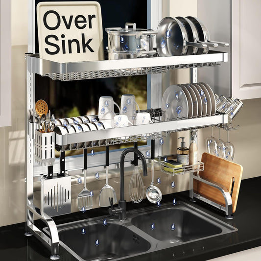 3 Tier Extra Large Stainless Steel Expandable Over The Sink Dish Drainer Drying Rack, Rust Proof