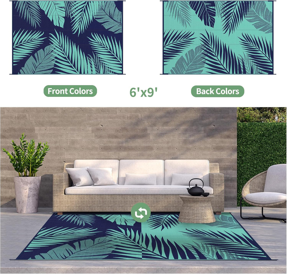 GENIMO Outdoor Rug 6' x 9' Waterproof for Patios Clearance, Reversible Outdoor Plastic Straw