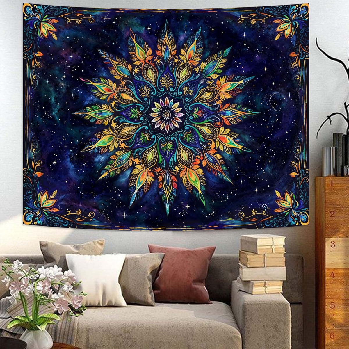 Fowocu Boho Floral Mandala Tapestry for Bedroom Aesthetic Blue Bohemian Colorful Flower Wall