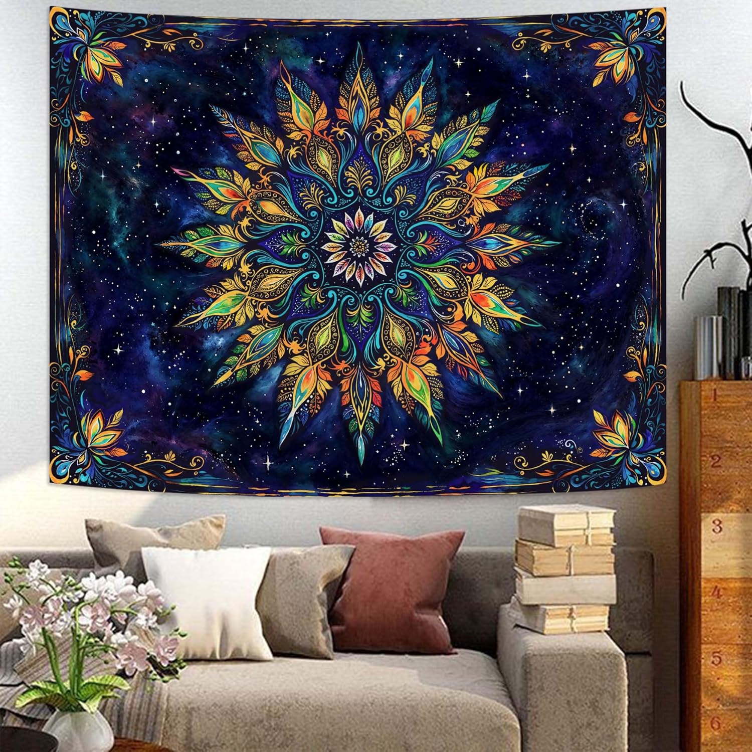 Fowocu Boho Floral Mandala Tapestry for Bedroom Aesthetic Blue Bohemian Colorful Flower Wall