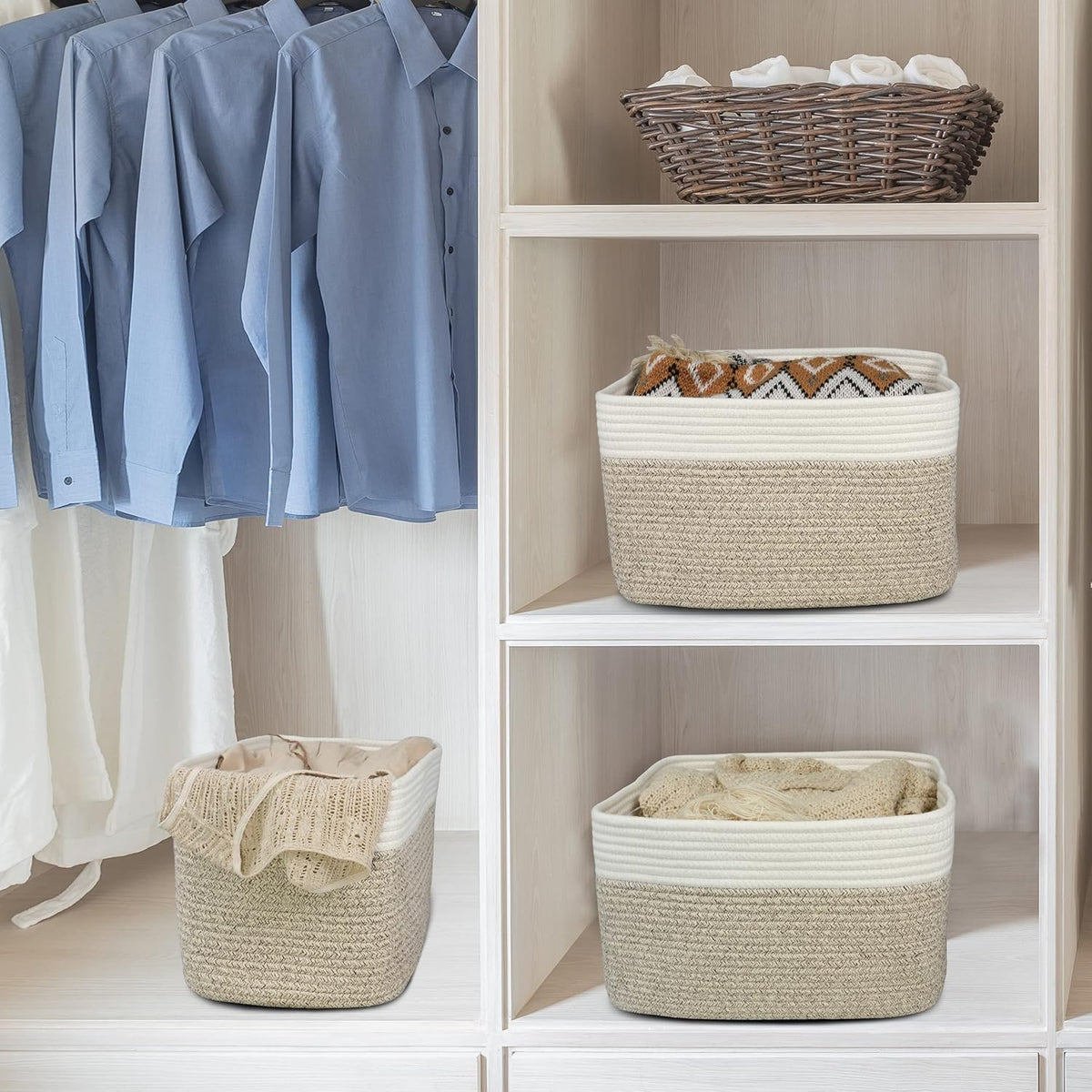 Cotton Rope storage Basket Bins Woven Basket for Organizing Shelves Rectangle Decorative Baskets